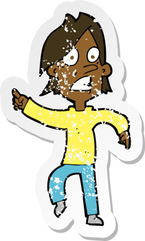 retro distressed sticker of a cartoon worried man pointing png