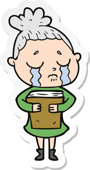 sticker of a cartoon crying woman holding book png