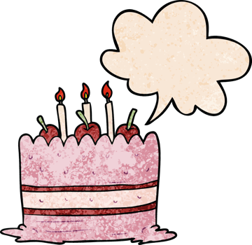 cartoon birthday cake with speech bubble in retro texture style png