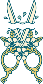 iconic tattoo style image of barber scissors and flowers png