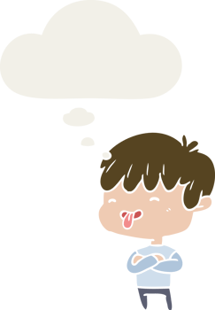 cartoon boy sticking out tongue with thought bubble in retro style png