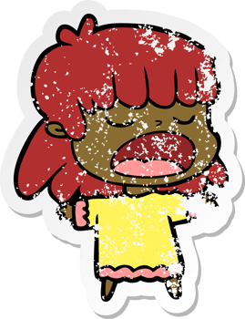 distressed sticker of a cartoon woman talking loudly png
