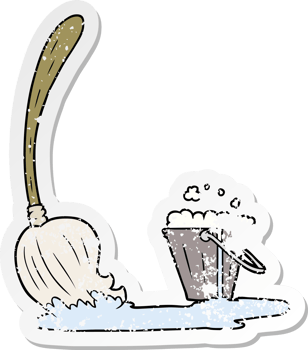 distressed sticker of a cartoon mop and bucket png