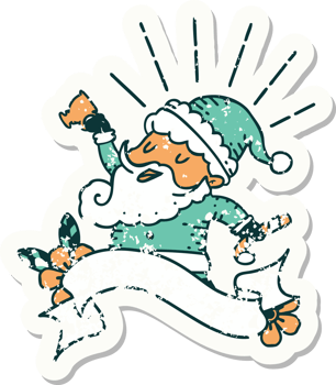 worn old sticker of a tattoo style santa claus christmas character celebrating png