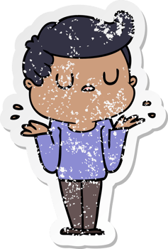 distressed sticker of a cartoon aloof man shrugging shoulders png