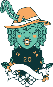 Retro Tattoo Style singing half orc bard character with natural twenty dice roll png