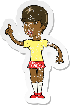 retro distressed sticker of a cartoon woman with idea png