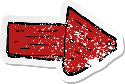 retro distressed sticker of a cartoon pointing arrow symbol png
