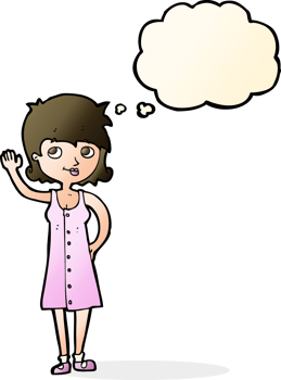 cartoon pretty woman waving with thought bubble png