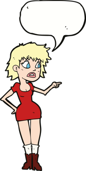 cartoon worried woman in dress pointing with speech bubble png