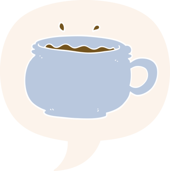 cartoon hot cup of coffee and speech bubble in retro style png