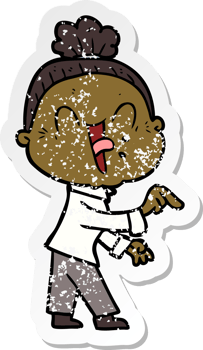 distressed sticker of a cartoon happy old woman png