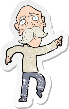 retro distressed sticker of a cartoon sad old man pointing png