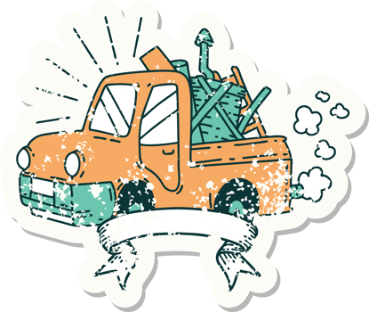 grunge sticker of tattoo style truck carrying junk png