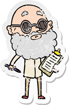 distressed sticker of a cartoon curious man with beard and sunglasses png