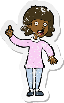 retro distressed sticker of a cartoon woman with idea png