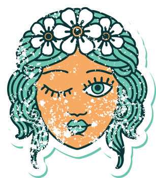 distressed sticker tattoo style icon of a maidens face winking png