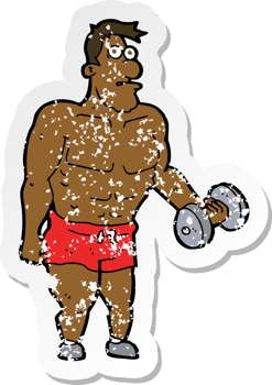 retro distressed sticker of a cartoon man lifting weights png