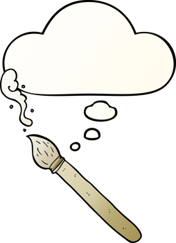 cartoon paint brush and thought bubble in smooth gradient style png