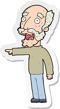sticker of a cartoon scared old man pointing png