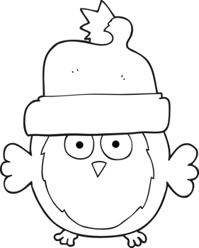 hand drawn black and white cartoon owl wearing christmas hat png