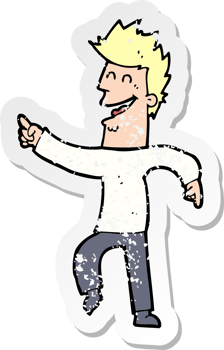 retro distressed sticker of a cartoon man pointing and laughing drawing png