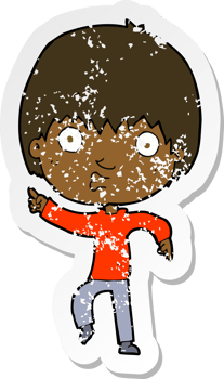 retro distressed sticker of a cartoon impressed boy pointing png