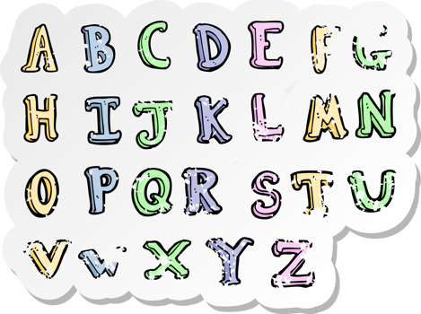 retro distressed sticker of a cartoon alphabet png