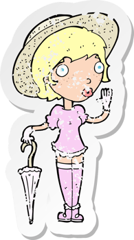retro distressed sticker of a cartoon woman in summer hat waving drawing png