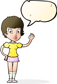 cartoon pretty girl waving with speech bubble png