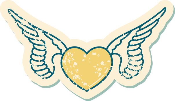 iconic distressed sticker tattoo style image of a heart with wings png