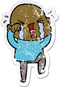 distressed sticker of a cartoon crying bald man png