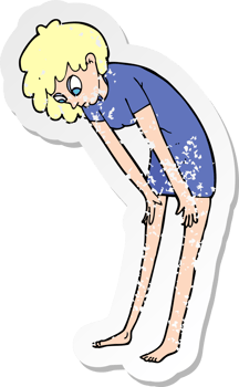 retro distressed sticker of a cartoon woman looking at her feet drawing png