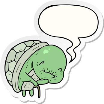 cute cartoon old turtle with walking stick with speech bubble sticker png