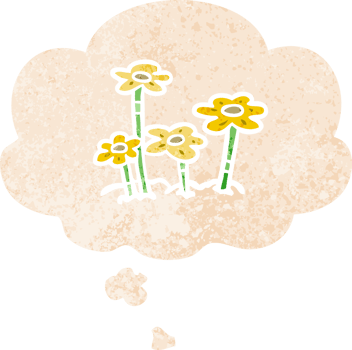 cartoon flowers with thought bubble in grunge distressed retro textured style png