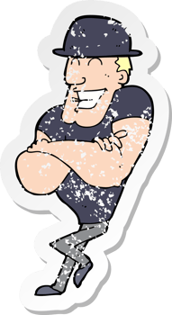 retro distressed sticker of a cartoon man wearing bowler hat png