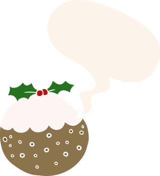 cartoon christmas pudding with speech bubble in retro style png