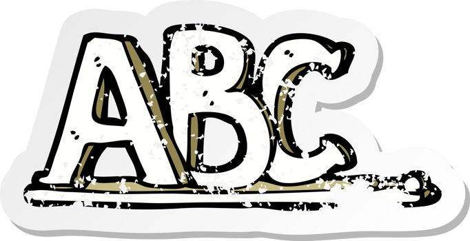 retro distressed sticker of a cartoon ABC letters png