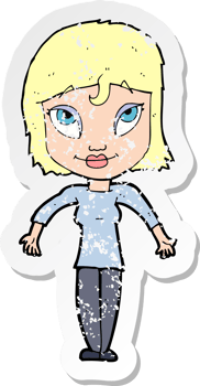 retro distressed sticker of a cartoon girl shrugging shoulders drawing png