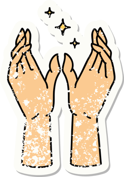 distressed sticker tattoo in traditional style of reaching hands png