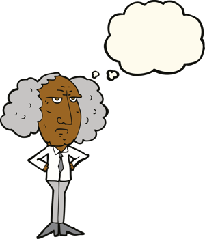 cartoon big hair lecturer man with thought bubble png