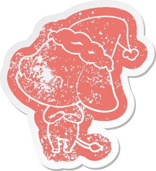 cute quirky cartoon distressed sticker of an elephant wearing santa hat png
