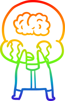 rainbow gradient line drawing of a cartoon big brain alien crying png