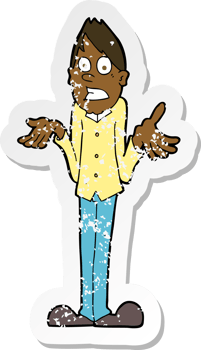retro distressed sticker of a cartoon man shrugging shoulders png