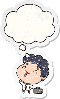 cartoon businessman with thought bubble as a distressed worn sticker png