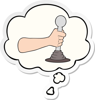 cartoon hand pulling lever with thought bubble as a printed sticker png