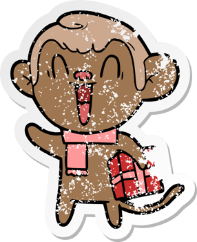 distressed sticker of a cartoon laughing monkey png