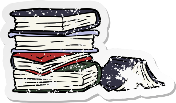 distressed sticker of a cartoon pile of books png