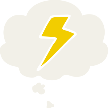 cartoon lightning bolt with thought bubble in retro style png
