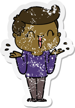 distressed sticker of a cartoon laughing boy png
